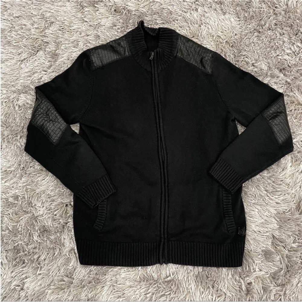 Retrofit Black Zip Up Sweater Faux Leather Details XL